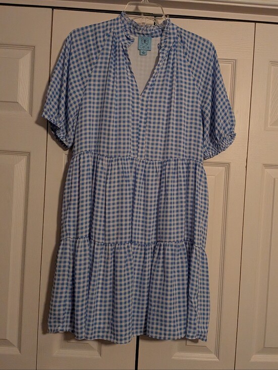 CeCe Dresses & Skirts - CeCe Blue and White Gingham Tiered Ruffle-Neck Dress